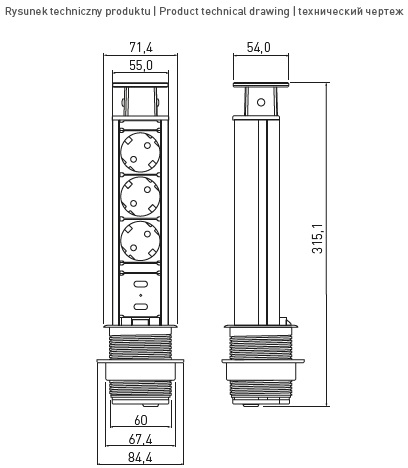 Подовжувач GTV d 60 3 розетки SCHUKO 2xUSB Сірий